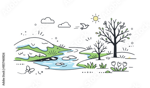 Early Spring Awakening. Early spring landscape. A calm editorial scene showing melting snow, fresh grass, and bare trees beginning to bloom under