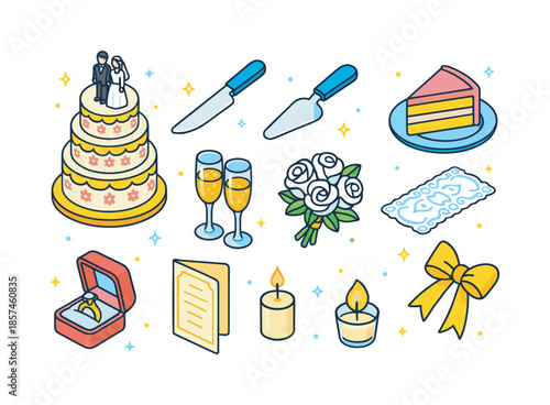 Wedding Cake Essentials. Wedding cake cutting. Colorful isometric vector icons set of Wedding cake cutting: tall tiered wedding cake, silver cake knife,