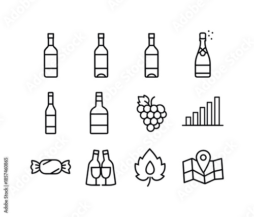 Wine Icons Grid. Wine varieties. Line icon set of Wine varieties: red wine bottle, white wine bottle, rose bottle, sparkling wine, dessert wine, fortified
