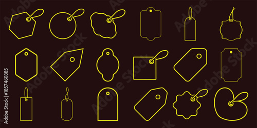 Collection of yellow outline price tags and labels in various shapes a dark brown sale