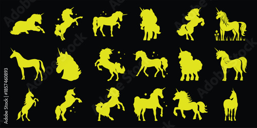 Collection of yellow unicorn silhouettes in various poses against a black horse