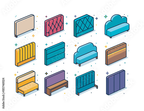Colorful Headboard Icons. Modern upholstered headboards. Colorful isometric vector icons set of Modern upholstered headboards: neutral fabric headboard, bold