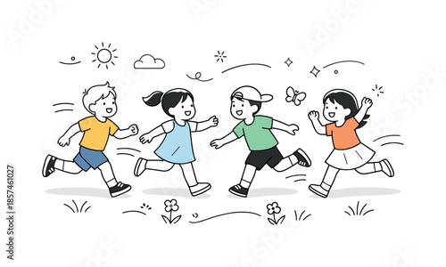 Joyful Outdoor Playtime. Kids playing outdoors again. Children happily running and playing together outside, expressing freedom, fresh air and seasonal joy.