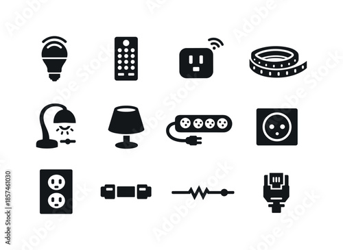 Mood Lighting Icons. Mood lighting equipment. Solid icon set of mood lighting equipment: smart bulb, remote control, smart plug, RGB strip light, dimmable