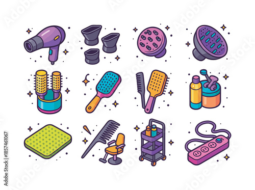 Colorful Salon Tool Icons. Salon blow dry tools setup. Colorful isometric vector icons set of Salon blow dry tools setup: professional blow dryer, concentrator