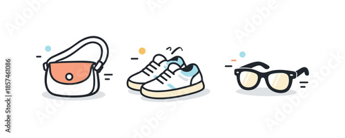 Spring Fashion Icons. Spring fashion essentials icons. Crossbody bag, sneakers and sunglasses displayed as a small icon system. Casual spring look, comfort and