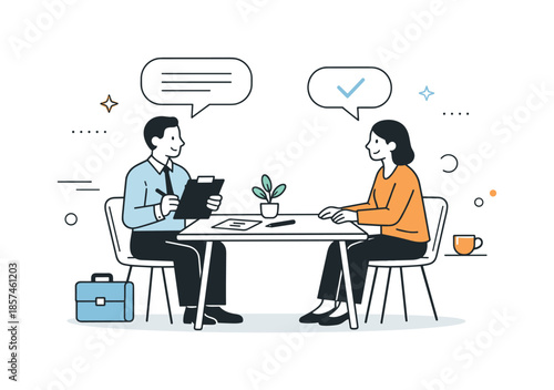 Friendly Job Interview. Job interview concept. An interviewer and candidate sitting across a small table with notes and dialog bubbles. Open communication and