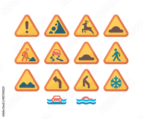 Colorful Warning Icons. Warning signs. Colorful flat vector icons set of Warning signs: caution triangle, falling rocks sign, animal crossing sign, roadwork