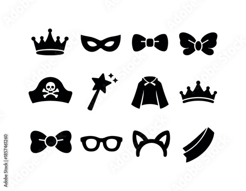 Birthday Party Icons. Kids at a birthday party. Solid icon set of costumes & dress-up: crown, superhero mask, bow tie, fairy wings, pirate hat, wand star,