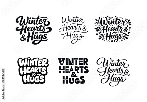 Winter Lettering Variations. Winter hearts and hugs. Set lettering. harmonious lettering variations of the same emblematic concept, each with different