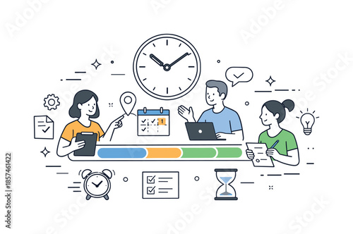 Collaborative Teamwork Efficiency. Efficient teamwork and deadlines. Small team coordinating tasks around a shared timeline. Friendly collaboration and clear