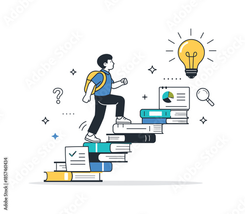 Path to Enlightenment. Continuous improvement mindset. A character climbing steps made of books and notes toward a lightbulb icon. Progress, curiosity, and