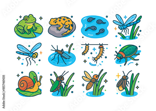 Aquatic Life Icons. Aquatic insects and amphibians. Colorful isometric vector icons set of Aquatic insects and amphibians: frog on lily pad, salamander on