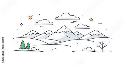 Minimal Winter Landscape. Winter minimal landscape. Snow-covered mountains in the distance with gentle clouds floating above, creating a sense of openness and