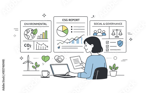 ESG Analysis Illustration. ESG reporting and metrics. Analyst reviewing dashboards with environmental, social, and governance indicators, calm and focused