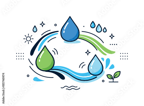 Dynamic Water Flow. Water circulation restored. Abstract drops and flowing lines forming a balanced composition. The illustration feels modern, peaceful, and