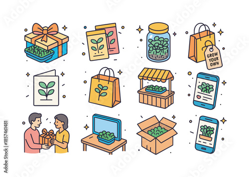 Microgreen Gift Icons. Microgreen gift kits and sharing. Colorful isometric vector icons set of Microgreen gift kits and sharing: boxed microgreen starter kit