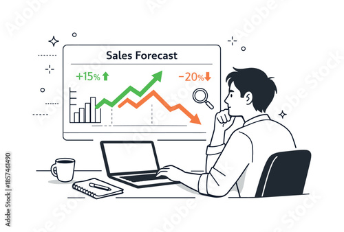 Sales Forecasting Analysis. Sales forecasting analysis. Analyst examining sales curves and indicators on a screen, concentrated and analytical mood. Upward and