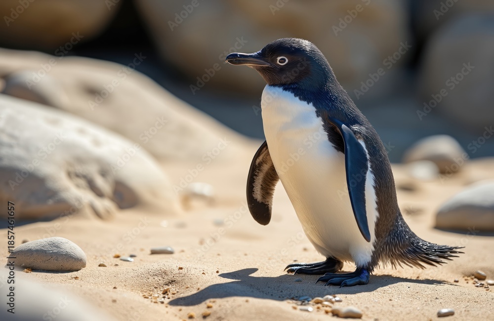 Fototapeta premium Little blue penguin stands on sandy shore. Small flightless bird, black and white plumage, dark head with white eye ring. Penguin on sand, beach, rocks in background. Birdlife and wildlife scene.