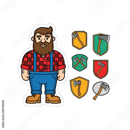A cartoon lumberjack stands beside various shield icons displaying axes