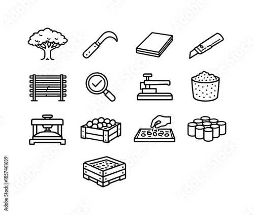 Cork Production Icons. Cork Production. Line icon set of Cork Production: cork oak tree, bark harvesting tool, cork sheet, cutting blade, drying racks, quality