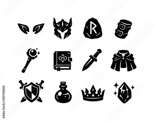 Fantasy Costume Icons. Fantasy costumes. Solid icon set of fantasy costumes: elf ears, dragon helmet, runestone, leather bracer, mage staff, spellbook, dagger,