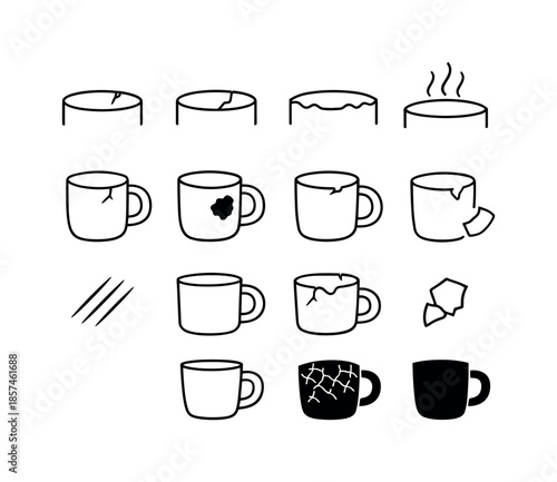 Chipped Mug Icon Set. Chipped coffee mug. Line icon set of chipped coffee mug: rim crack detail, missing ceramic sliver, uneven cup edge, scratch lines, steam