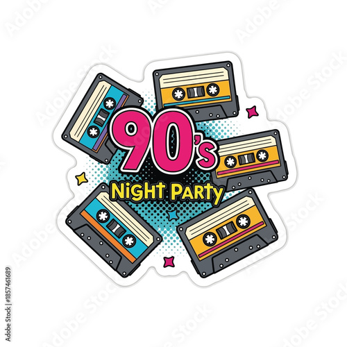 Vibrant 90's Night Party Cassette Tape Illustration with Retro Music and Bright Colors