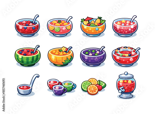 Colorful Punch Bowl Icons. Punch bowls. Colorful isometric vector icons set of punch bowls: berry punch bowl, citrus slice punch, tropical fruit punch,