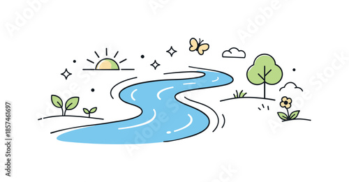 River Renewal. Nature reawakening with water. A simple river-like shape starting to move again, with soft motion accents. The mood reflects renewal, patience,