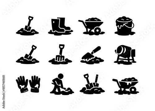 Mud Tools Icon Set. Mud Tools. Solid icon set of Mud Tools: shovel in mud, boots in mud, wheelbarrow mud, bucket of mud, spade digging mud, farming tool mud,