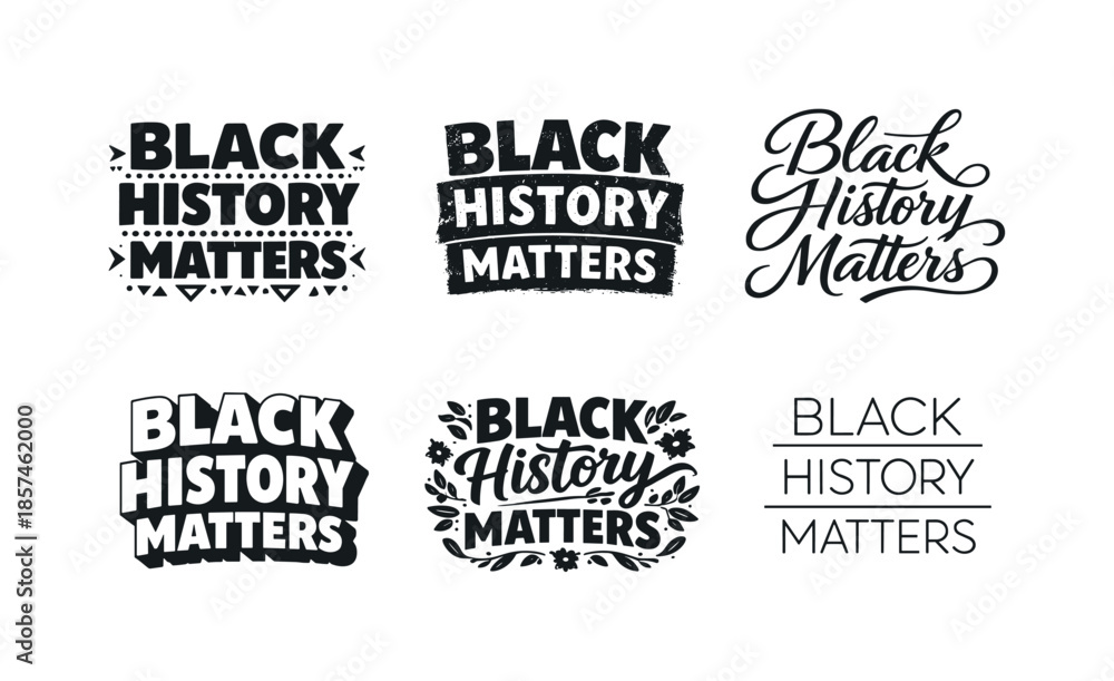 Fototapeta premium Harmonious Lettering Grid. Black History Matters. Set lettering. harmonious lettering variations of the same emblematic concept, each with different artistic