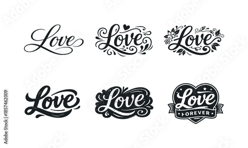 Diverse Love Lettering. Script love lettering. Set lettering. harmonious lettering variations of the same emblematic concept, each with different artistic