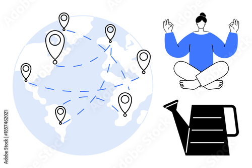 Global connections, mindfulness, self-care, personal growth, communication, sustainability. World map with location markers, person meditating and watering can. Global connectivity and mindfulness