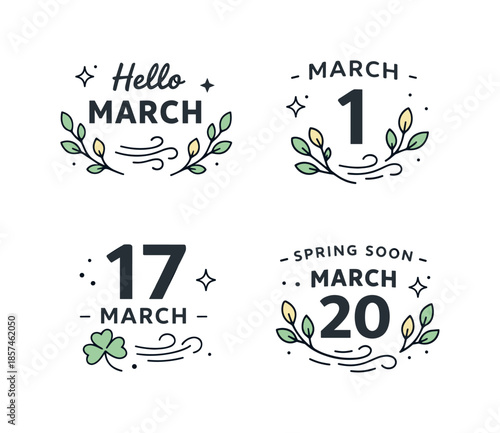 March Seasonal Badges. March seasonal badges. A collection of minimal badges featuring calendar dates, buds and wind lines, calm anticipation of spring and