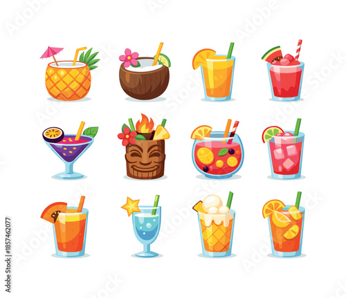 Tropical Drink Icons. Tropical Drinks. Colorful flat vector icons set of Tropical Drinks: pineapple cooler, coconut drink, mango smoothie, watermelon slush,