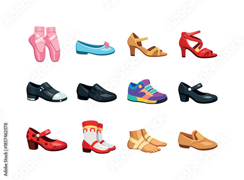Vibrant Dance Shoe Icons. Dance shoes. Colorful flat vector icons set of dance shoes: ballet pointe shoes, ballet flats, ballroom heels, latin dance shoes, tap
