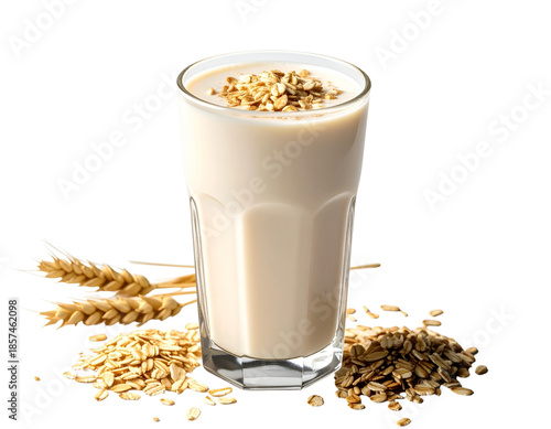 Glass of Oat Milk with Grains and Wheat Ears.