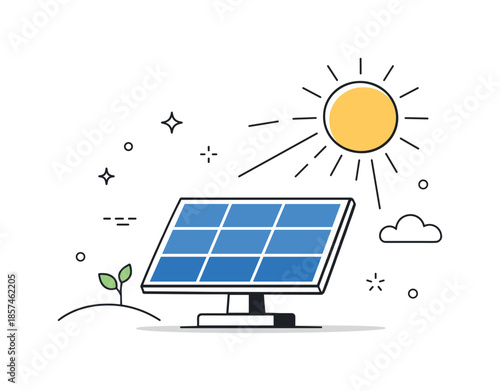 Clean Solar Energy. Solar energy concept. Clean solar panel illustration with sun rays and minimal surroundings, symbolizing eco power and future technology.