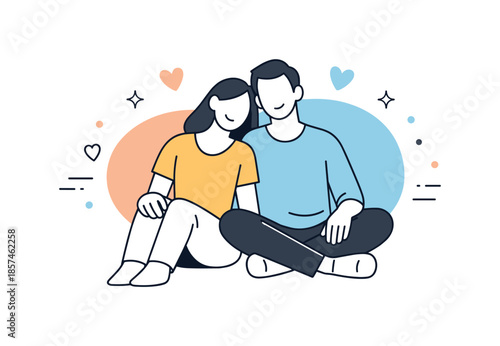 Peaceful Couple Harmony. Healthy relationship. Couple sitting side by side with overlapping shapes and shared space, symbolizing trust and balance. Peaceful