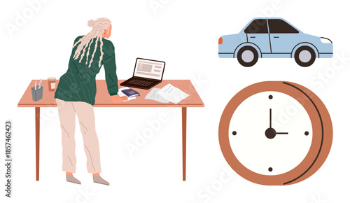 Woman leaning over desk reviewing documents with laptop, clock, and car representing work-life balance. Ideal for productivity, time management, multitasking, organization, commuting, deadlines