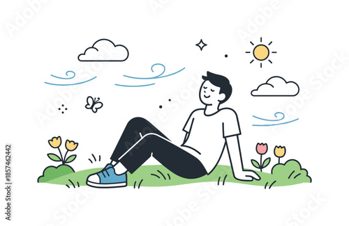 Spring Serenity Illustration. Hello Spring Flat Design ? Light Outdoor Mood. A relaxed character enjoying spring weather with gentle wind lines, clouds, and