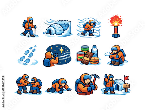 Arctic Survival Icons. Surviving The Arctic. Colorful isometric vector icons set of Surviving The Arctic: lone explorer walking, shelter against wind, blizzard