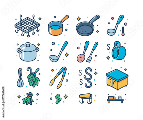 Colorful Kitchen Icons. Hanging pot rack. Colorful isometric vector icons set of hanging pot rack: ceiling mounted pot rack, copper saucepan, cast iron