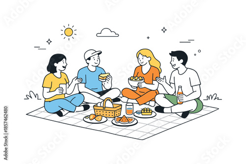 Picnic Under Sky. Outdoor picnic scene. Friends sitting on a blanket sharing food and conversation under open sky. Friendly interaction, comfort and carefree