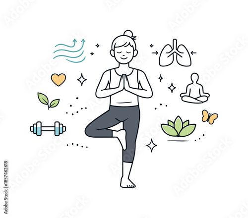 Fitness Mindfulness Harmony. Mind-body balance. A person combining fitness and mindfulness, standing calmly with breathing icons and soft spring symbols. Inner
