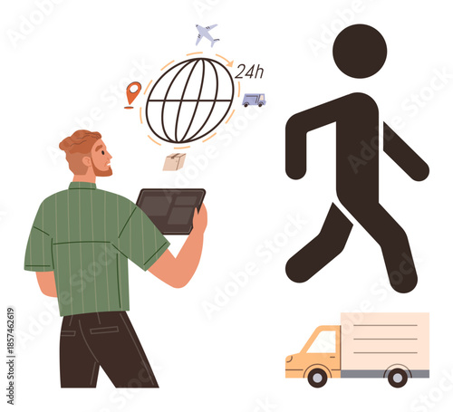 Man holding tablet with logistics and global delivery symbols thumbs up globe, location pin, truck, and airplane. Ideal for transportation, e-commerce, technology, supply chain, global business