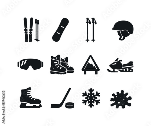 Black Snow Sports Icons. Snow sports. Solid icon set of Snow sports: skis, snowboard, ski poles, helmet, goggles, snowboard boots, slope sign, snowmobile, ice