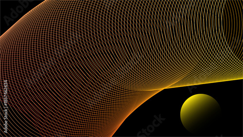 Golden Geometric Mesh and Gradient Sphere on Black Background Abstract Art