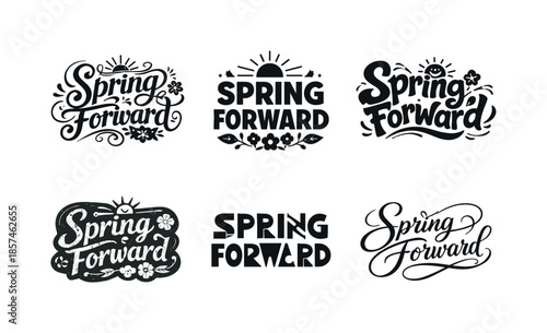 Diverse Lettering Styles Grid. Spring Forward. Set lettering. harmonious lettering variations of the same emblematic concept, each with different artistic